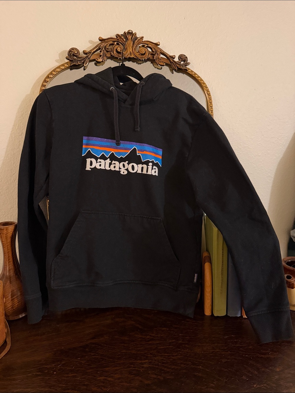 Patagonia Black Hoodie with Blue and Purple Logo